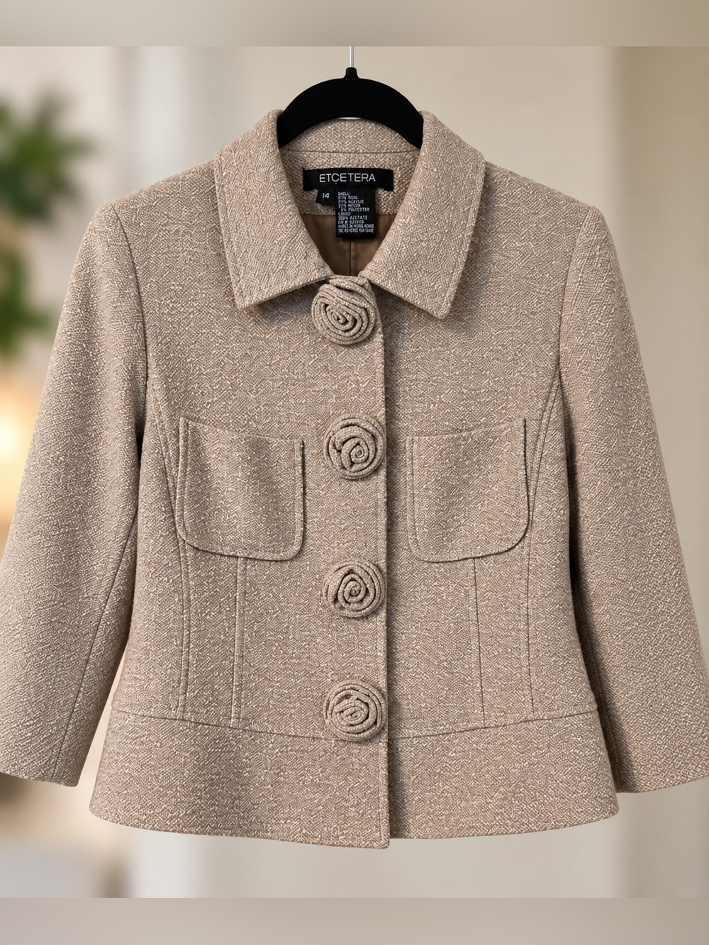 Etcetera Wool Blend Tweed Jacket Size 14 Rosette Buttons Taupe
